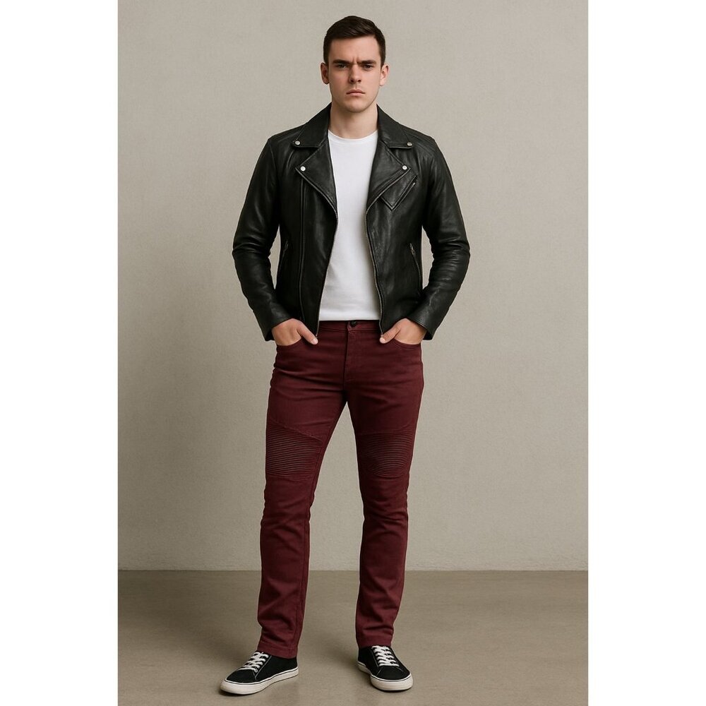 DNM Collection Moto Biker Pants Men’s 32 Burgundy Slim Fit Stretch Jeans